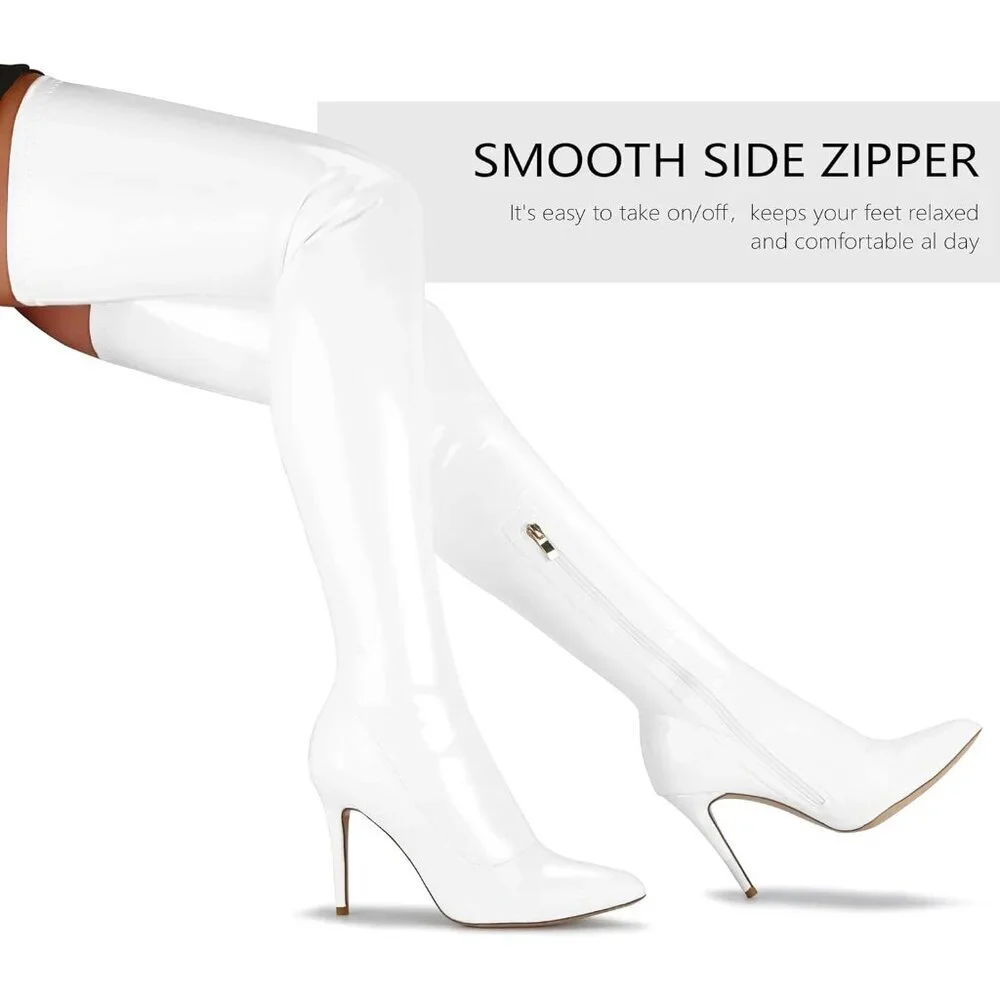 Women White Patent pu Side Zipper Stiletto High Heel Over The Knee Comfy Boots